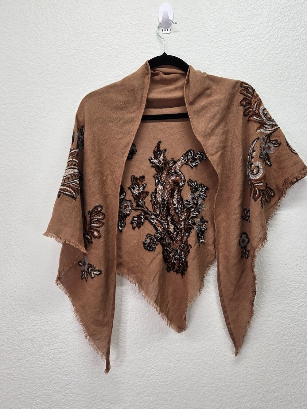 J Jill Scarf Wrap Shawl Brown Embroidered Floral Paisley Boho Fringe Lightweight
